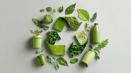 This image showcases a vibrant collection of green elements representing sustainability, including lively leaves, eco-friendly containers, and textures that reflect nature's beauty.の素材