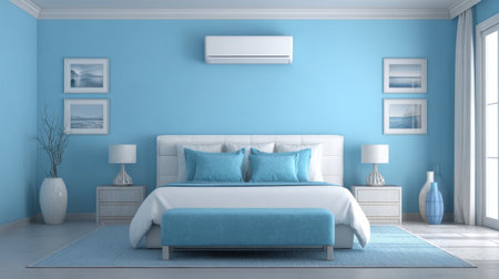 A beautifully designed modern blue bedroom featuring elegant furnishings, soothing decor, and an air conditioning unit, perfect for relaxation and comfort.の素材