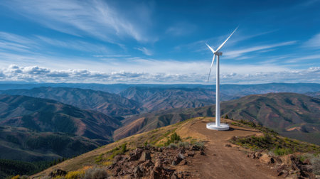 A striking image of a wind turbine located atop a mountain, surrounded by breathtaking valleys and rolling hills under a bright blue sky.の素材