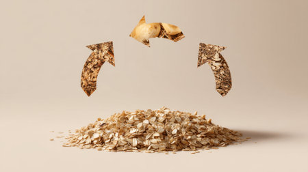 This image presents a creative representation of oats, with arrows depicting the journey from raw grains to healthy food. Ideal for health and nutrition themes.の素材