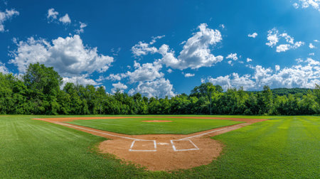 A stunning view of a baseball field captures the essence of summer with a bright blue sky, fluffy white clouds, and vibrant green grass. This serene outdoor setting is perfect for a recreational game or sports event, evoking feelings of excitement and teamwork.の素材