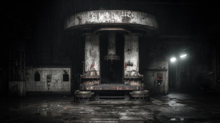 An abandoned industrial machine stands alone in a dark, eerie warehouse, surrounded by rust and shadows, evoking a sense of isolation and decay.の素材