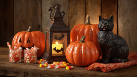 Embrace the spirit of Halloween with this charming arrangement featuring carved pumpkins, a decorative black cat, and colorful candy. Perfect for festive settings!の素材