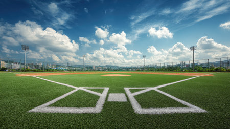 A vibrant baseball field showcases a clean, green turf with white lines under a brilliant blue sky filled with fluffy clouds, ideal for sports.の素材