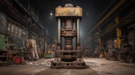 This striking image showcases an old, rusty hydraulic press situated in an abandoned industrial warehouse, emphasizing the gritty atmosphere and rich texture of decaying machinery.の素材