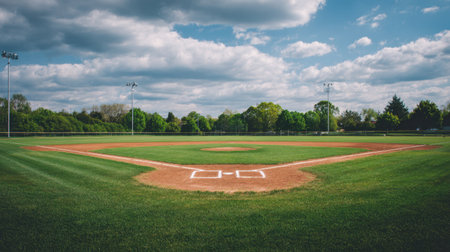 Captivating view of a baseball field featuring vibrant green grass and a blue sky adorned with fluffy clouds, ideal for sports-related photography.の素材