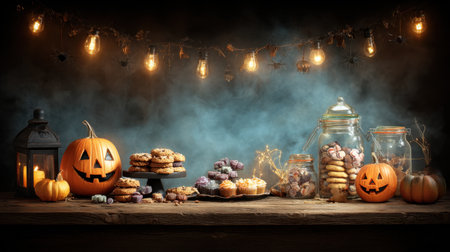 Capture the essence of Halloween with this festive dessert table displaying a whimsical assortment of cookies, candies, and pumpkin lanterns.の素材