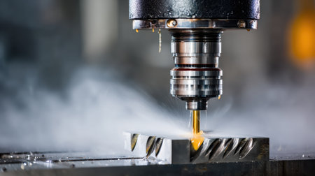 A high-precision CNC milling machine operates in an industrial workshop, cutting metal with fluid coolant. This process showcases advanced technology and craftsmanship.の素材