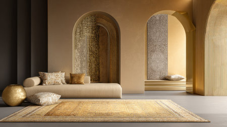 Discover a sophisticated living room interior featuring warm gold tones, elegant furniture, and a harmonious blend of textures. This space exudes comfort and style.の素材