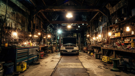 A vintage automotive repair garage features a classic car under dim lighting, showcasing an array of tools and equipment in a rustic setting.の素材