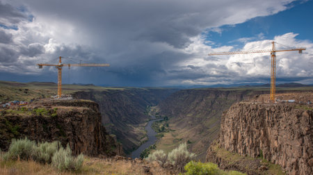 A breathtaking view featuring two construction cranes towering over a deep canyon, with a winding river below and a dramatic cloudy sky overhead.の素材