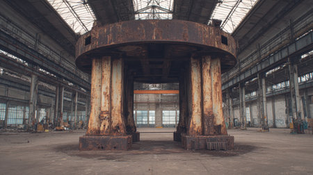 Explore this striking image of an abandoned industrial warehouse, showcasing rusty machinery and decaying architecture with a unique perspective on desolation.の素材