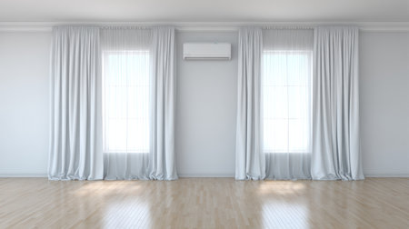 This stunning image features a bright room with large windows dressed in elegant white curtains, complemented by a warm wooden floor and an air conditioning unit, creating a comfortable and modern living space.の素材