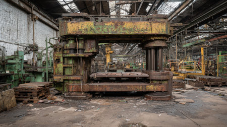 This image showcases an abandoned industrial factory with a focus on large, rusty machinery surrounded by remnants of a once-thriving workspace. Dust and decay add to the haunting ambiance.の素材