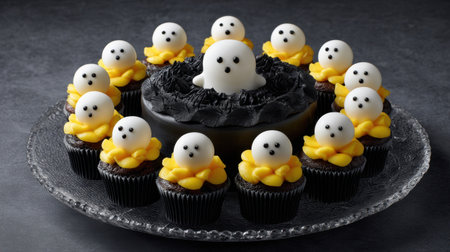 A delightful Halloween dessert display featuring spooky ghost cupcakes with yellow frosting, arranged elegantly around a dark chocolate cake. Perfect for parties!の素材
