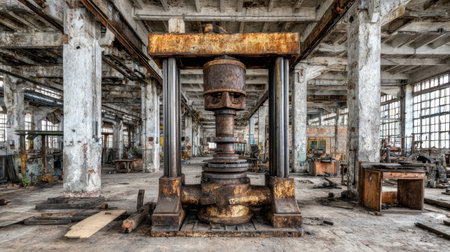 This captivating image showcases a rusted metal press situated in an abandoned warehouse. The weathered walls and old machinery create an atmospheric environment, reflecting industrial history and craftsmanship.の素材