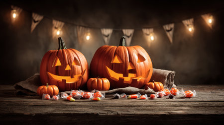 A festive Halloween scene featuring carved pumpkins with cheerful faces, surrounded by candies on a rustic wooden table, creating an inviting atmosphere.の素材