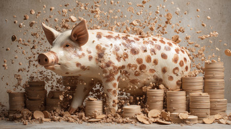 A charming pig sculpture surrounded by heaps of coins and crumbled snacks creates a vibrant scene filled with joy and playfulness, evoking creativity and fun.の素材