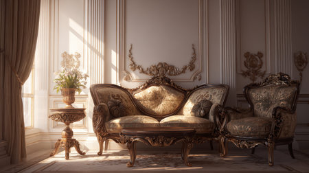 This image captures an elegant antique living room featuring ornate furniture bathed in natural light. The vintage decor and floral upholstery create a cozy atmosphere.の素材