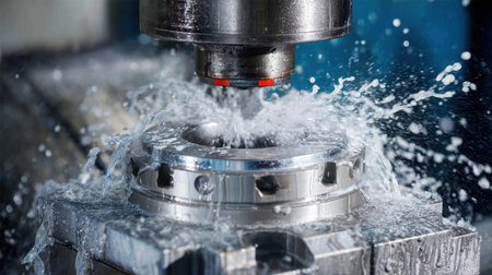 A close-up view of a precision machining process showcasing a metal cutting tool and coolant spray in an industrial factory environment.の素材