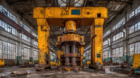 This striking image captures an abandoned industrial factory featuring a large yellow press surrounded by rust and decay. The spacious interior offers an atmospheric glimpse into urban neglect and deterioration.の素材
