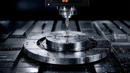 A high-precision CNC milling machine is shown processing metallic components in an industrial setting, showcasing modern technology and craftsmanship.の素材