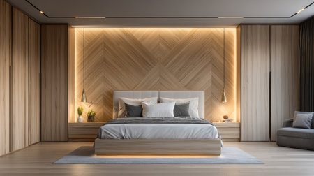 This modern minimalistic bedroom features warm lighting and natural wood accents, creating a cozy atmosphere ideal for relaxation and comfort.の素材