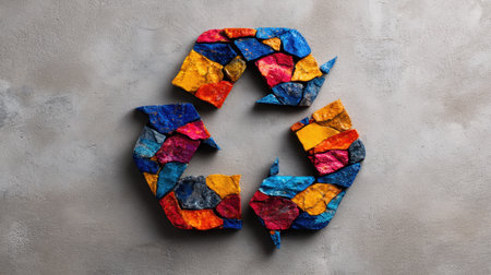 This artwork features a vibrant mosaic recycling symbol crafted from colorful stone pieces, set against a textured background, emphasizing the importance of sustainability.の素材