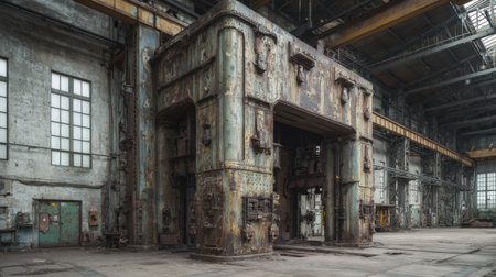 A captivating view of an abandoned industrial factory, showcasing rusty machinery, weathered walls, and a sense of forgotten history and decay.の素材