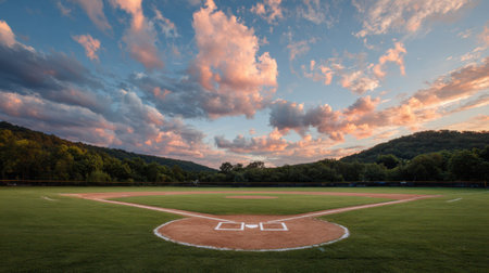 A stunning view of a baseball field at sunset, featuring a vibrant sky with colorful clouds, lush green grass, and serene mountains in the background.の素材