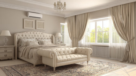 This elegant bedroom showcases a cozy and inviting atmosphere with stylish decor, natural light and harmonious color palette, perfect for relaxation.の素材