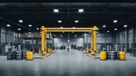 This image showcases a spacious industrial warehouse featuring a bright yellow crane, neatly arranged barrels, and organized storage areas, highlighting modern facility operations.の素材