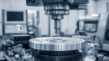 Detailed view of CNC machining process showing metal plate on a rotating spindle in a modern industrial workshop. Technology and precision in action.の素材