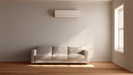 A minimalist living room featuring a soft gray couch with natural light illuminating the space through a window. A subtle air conditioner adds comfort.の素材
