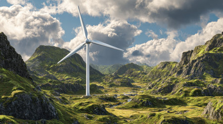 A stunning wind turbine stands tall amidst a backdrop of lush green mountains, showcasing the harmony of technology and nature under a dramatic sky.の素材