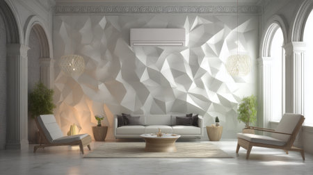 A stylish living room featuring a geometric wall design, elegant furnishings, and a bright, airy atmosphere. Perfect for modern interior aesthetics.の素材