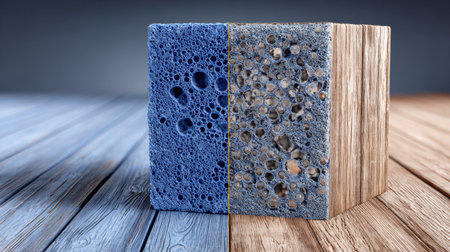 This image features a striking dual-texture block showing contrasting blue and gray porous materials, set against a warm wooden background, highlighting innovative design elements.の素材