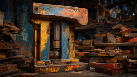 A striking photograph of a vintage industrial press, displaying vibrant blue and yellow paint. Surrounded by rusted tools, it reflects the charm of a bygone workshop era.の素材