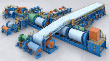 A detailed view of industrial textile manufacturing equipment, featuring a fiber processing line with various rollers and machinery for efficient production.の素材
