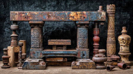 An artistic arrangement of vintage wooden workshop tools, showcasing unique textures and colors against a dark background, evoking nostalgia and craftsmanship.の素材