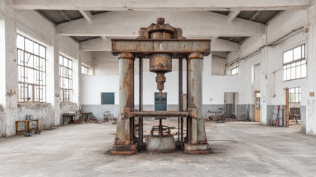 A striking view of rusted machinery standing in an empty, abandoned warehouse. The space features high ceilings and large windows, allowing natural light to illuminate the worn surfaces.の素材