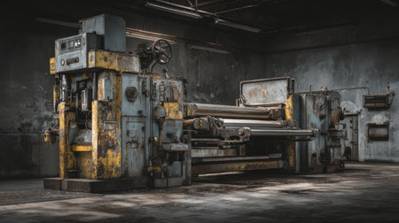 This image captures an old industrial machine in a dimly lit factory, showcasing rusty surfaces and intricate mechanics. Ideal for themes of manufacturing and vintage craftsmanship.の素材