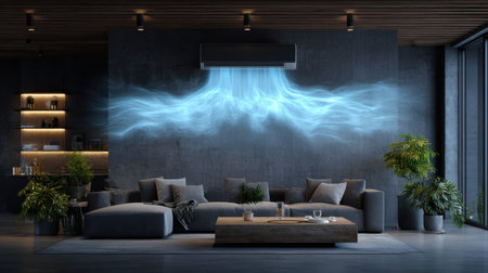 A contemporary living room featuring a sleek air conditioning system and vibrant blue light effects illuminating a dark wall, creating a cozy and stylish atmosphere.の素材