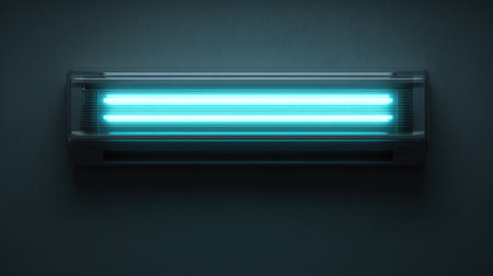 This image features a modern fluorescent light fixture emitting a vibrant blue glow against a minimalist wall, creating a striking and ambient atmosphere.の素材