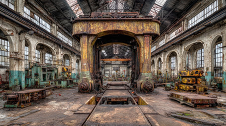 Explore the haunting beauty of an abandoned factory interior, showcasing rusty machinery and decaying walls that reflect industrial history and nostalgia.の素材
