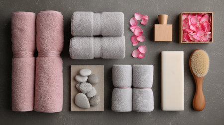 A beautifully arranged set of spa accessories featuring soft towels, smooth stones, a natural brush, a rectangular soap, and delicate rose petals on a serene gray background.の素材