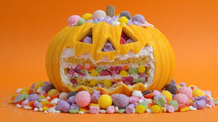 A whimsical Halloween cake designed as a pumpkin, filled with vibrant candies and surrounded by festive treats on a bright orange background.の素材