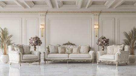 A stunning luxurious living room showcasing vintage furniture adorned with floral arrangements, perfect for modern home decor, exuding elegance and comfort.の素材