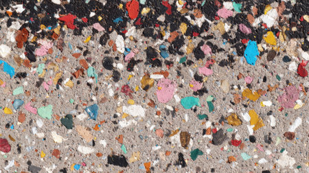 This image captures a vibrant texture of decorative gravel on a concrete surface. The mixture of colorful specks serves as a unique background, ideal for artistic projects.の素材
