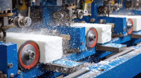 A dynamic scene capturing industrial machinery processing foam blocks in a factory. The equipment showcases precise cutting techniques and automation, highlighting efficient production methods.の素材